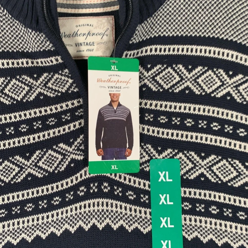 Weatherproof Vintage Sweater Mens XL Navy‎ Fair Isle 1/4 Zip Mock Neck Pullover